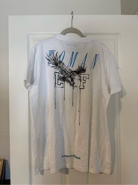 Off-White White Short Sleeve Tee with Eagle Back Graphic and Blue Accents